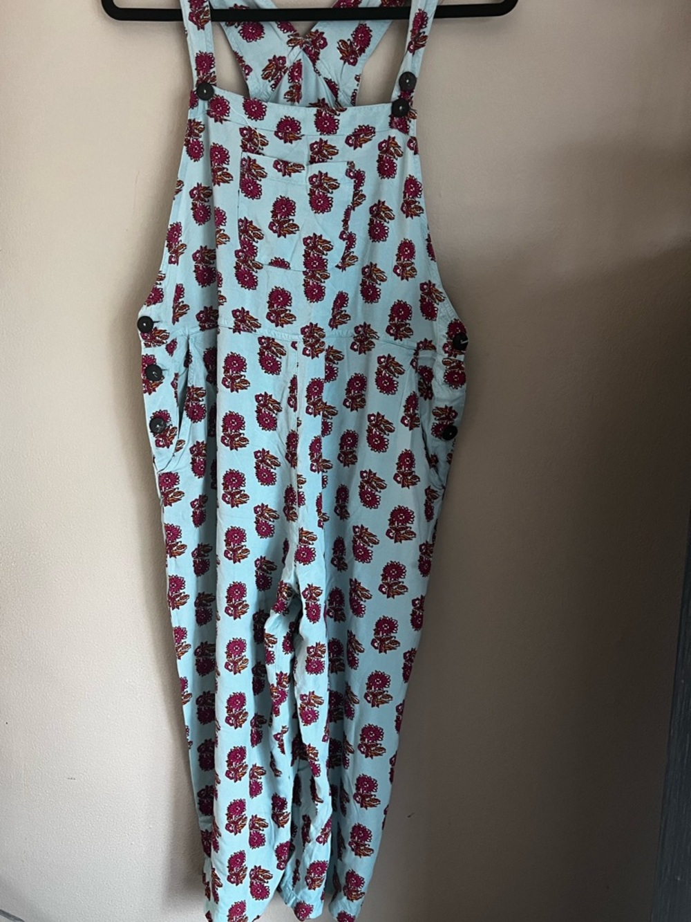 Light Aqua Blue Floral Overalls with Red Flower Print Size L